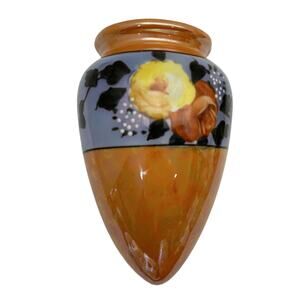 Vintage Porcelain Orange Blue Lusterware Wall Pocket Yellow Orange Roses Japan